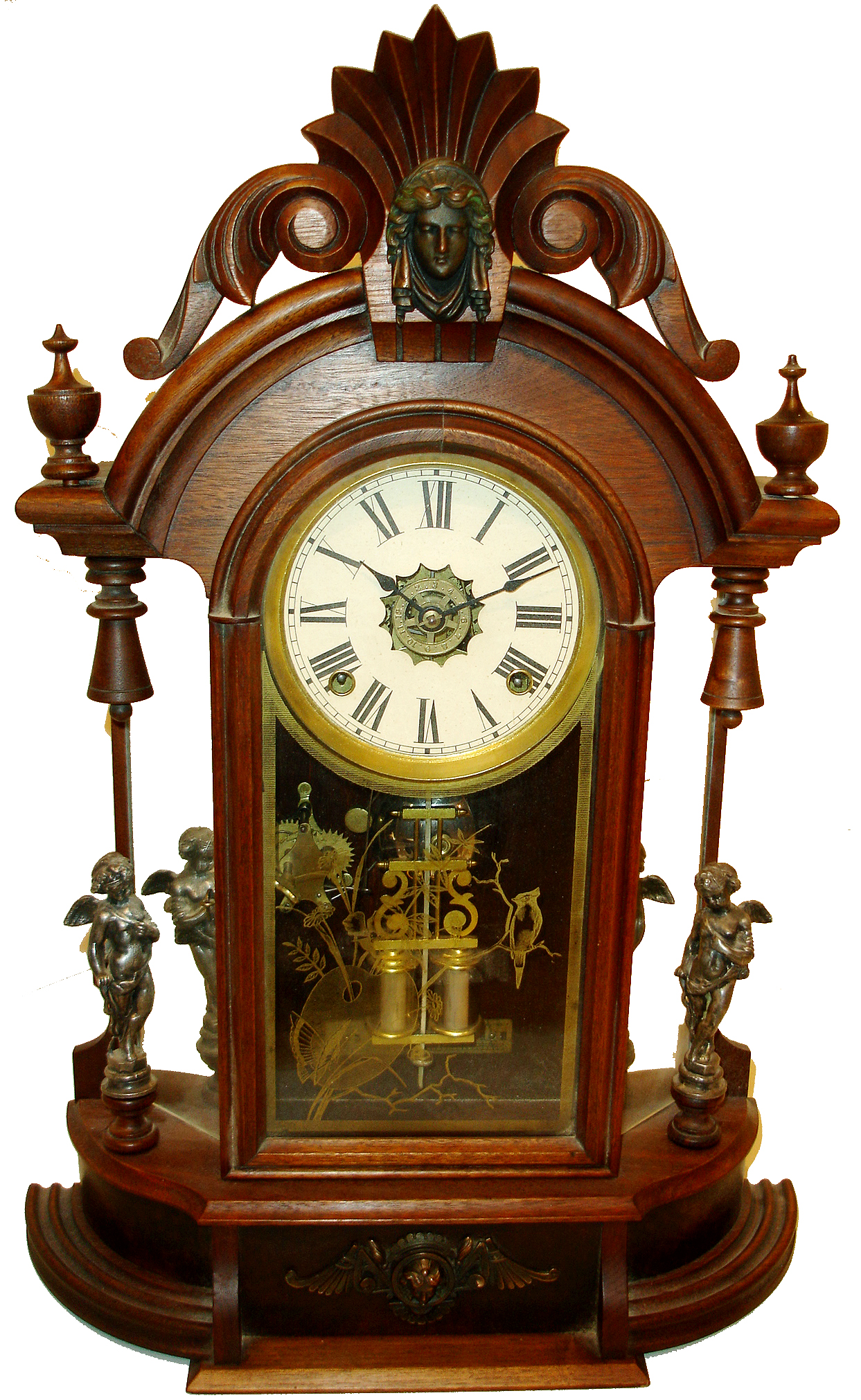 Ansonia Clock Co, Ansonia, Conn., "Triumph" walnut mirror sided mantle clock, c1880, 8 days, time, strike and alarm. — Antique Clocks Price Guide