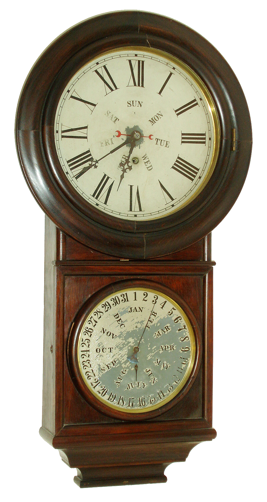 Welch, Spring &amp; Co., Forestville, Conn., "Round Head, Regulator No. 4", 8 days, double dial calendar timepiece, c1878 — Antique Clocks Price Guide