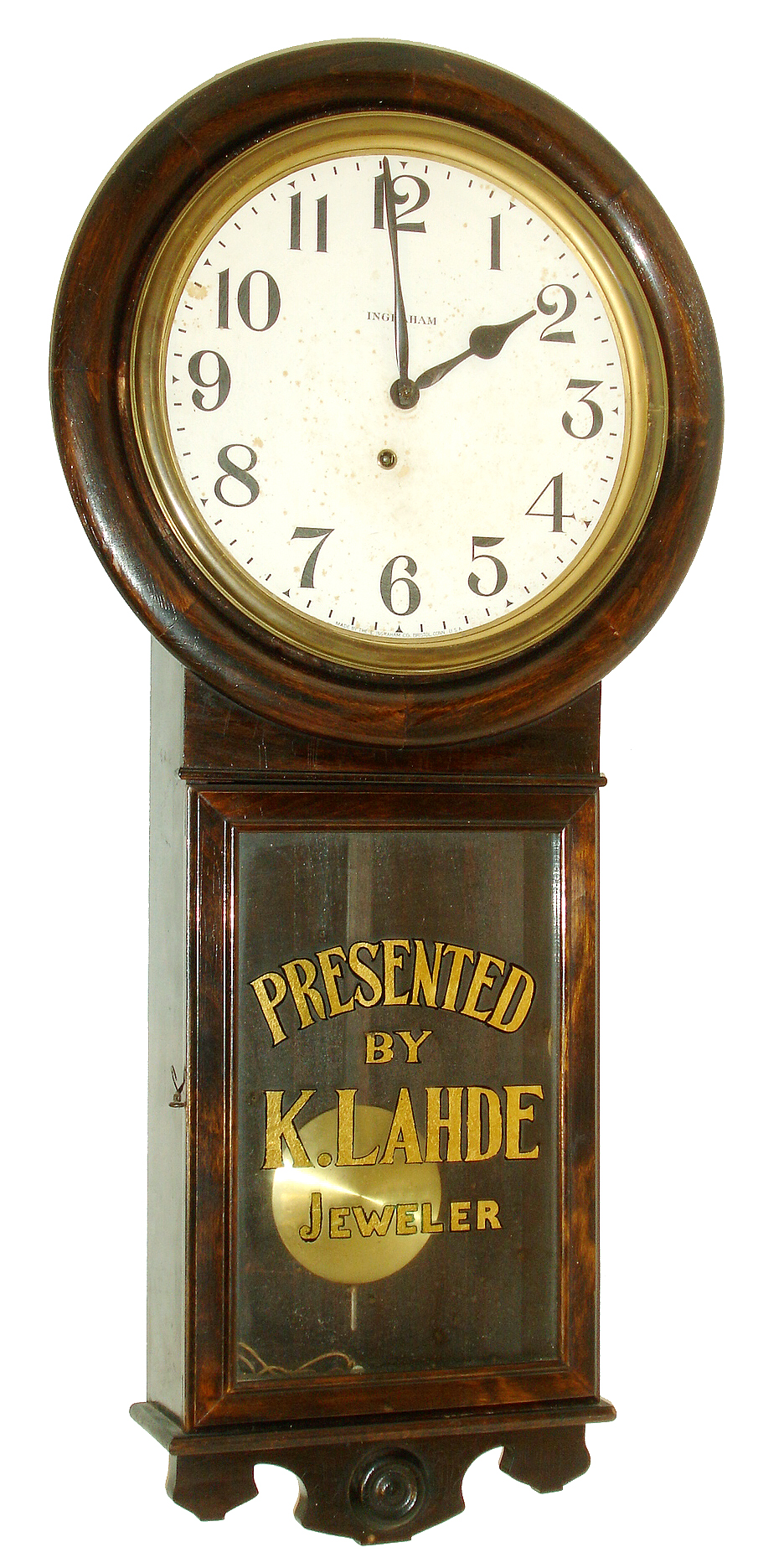 E. Ingraham &amp; Co., Bristol, Conn., "Ormond", 8 days, regulator timepiece with a gilt glass that reads: " Presented by K. Lahde Jeweler", c1911 — Antique Clocks Price Guide