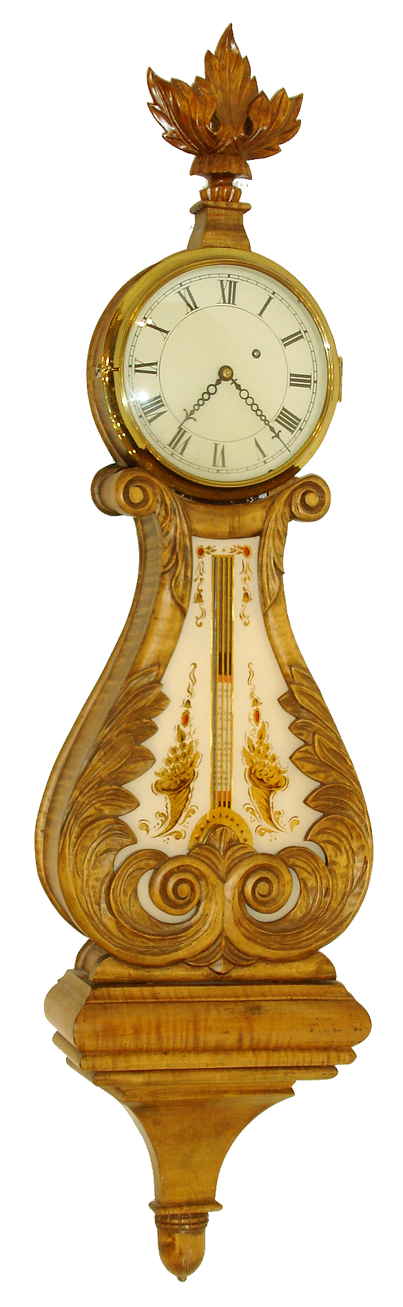 Peter Libbey, Portland, Maine, reproduction of a Sawin lyre banjo (the same model reproduced by both Stennes and Campos), with a Kilbourn &amp; Proctor, 8 days, weight driven movement, dial and tablets by Ted Burleigh, Jr, dated 1978. this is one of 3 made of tiger maple; details on weight baffle inside. — Antique Clocks Price Guide