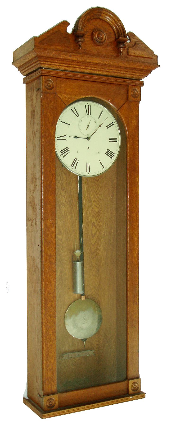 Waterbury Clock Co., Waterbury, Conn., "Regulator No. 51" case in oak with Seth Thomas No. 68 second's beating movement, pendulum, dial and weight, c1900 — Antique Clocks Price Guide
