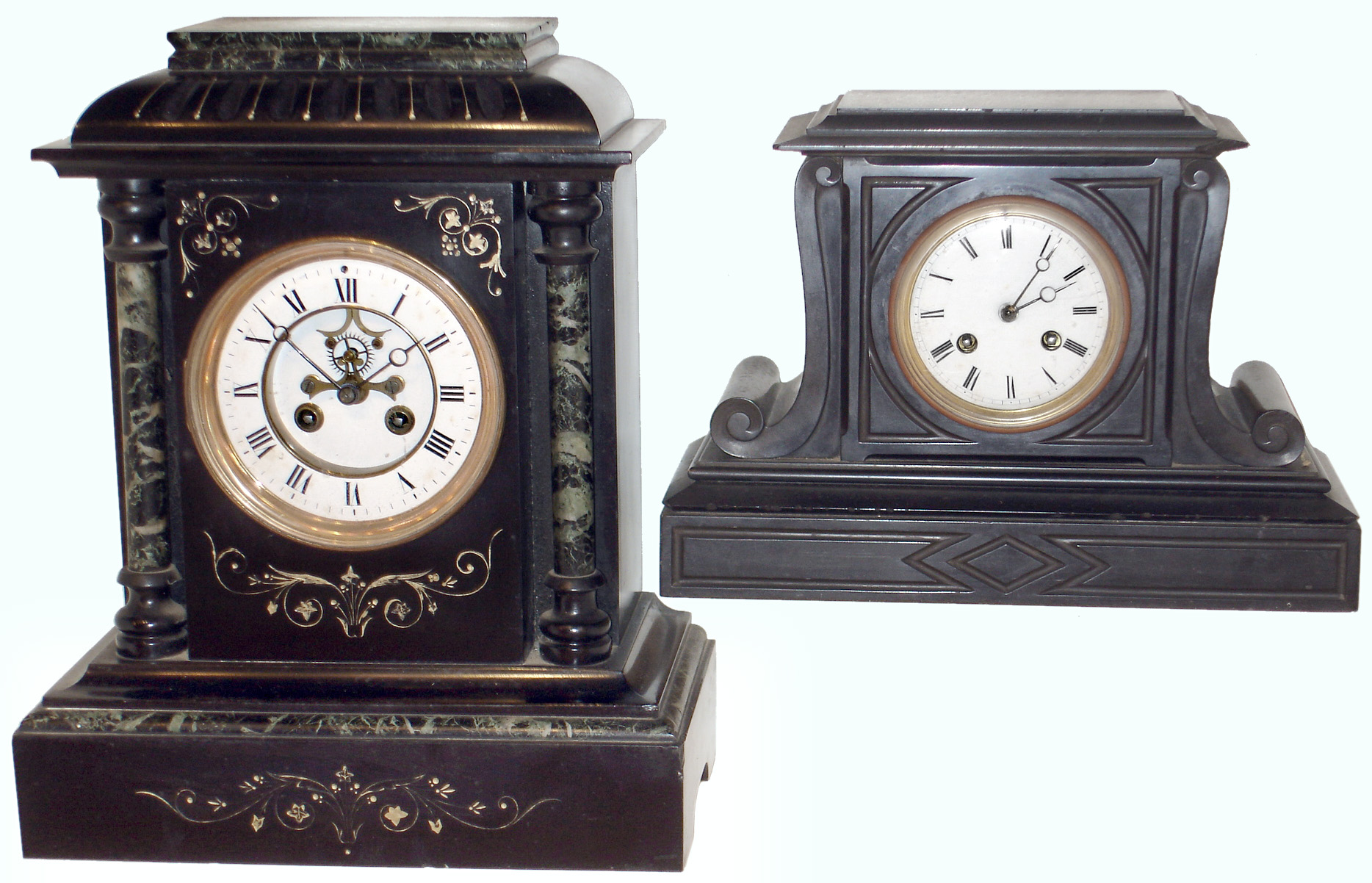 Clocks- 4 (Four) French black slate and marble 8 days, porcelain dial mantel clocks: one time only; three time and strike, late 19th century — Antique Clocks Price Guide