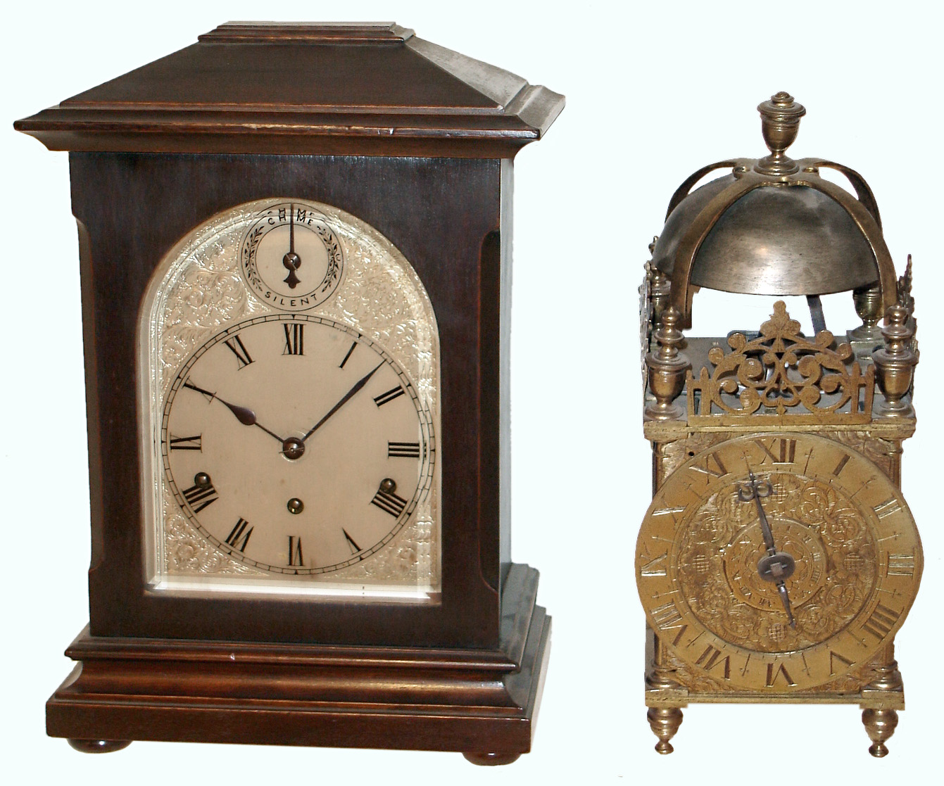Clocks- 2 (Two) European clocks: Kienzle 8 days, Westminster chime mahogany bracket clock, 20th century; large brass English time and strike, weight driven lantern clock — Antique Clocks Price Guide
