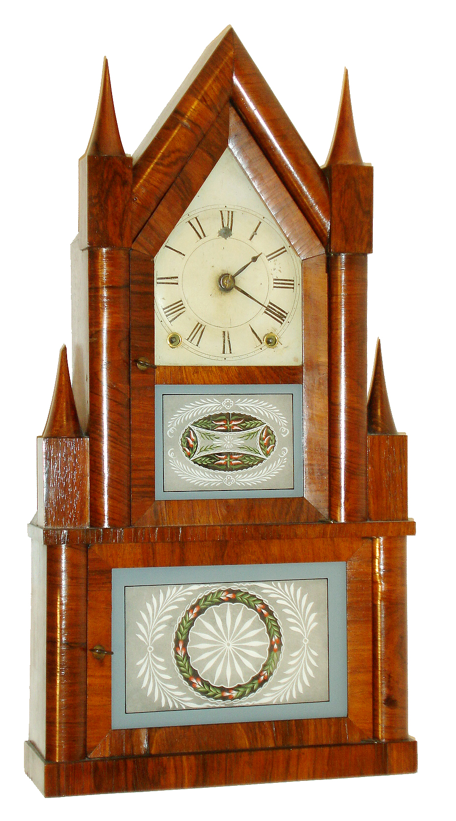 Terry &amp; Andrews, Bristol, Conn.8 days, time and strike, lyre movement steeple on steeple shelf clock, c. 1848. — Antique Clocks Price Guide