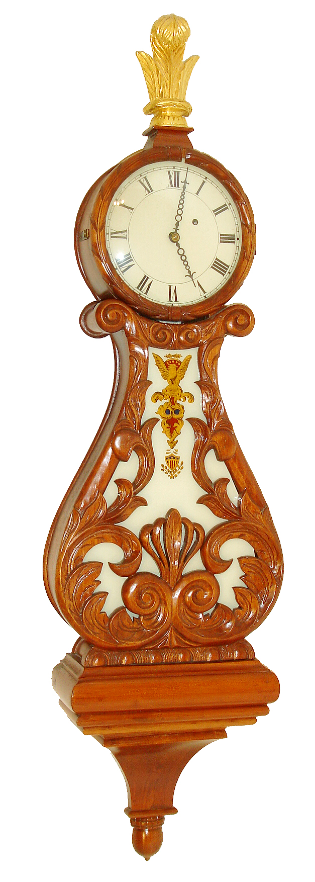 Peter Libbey, Rockland, Maine, 8 days, reproduction of an Aaron Willard, Jr. carved wall lyre timepiece. The dial and tablet were painted by Ted Burleigh, Jr. The movement by Kilbourn &amp; Procter. This is one of three produced, c1978 — Antique Clocks Price Guide