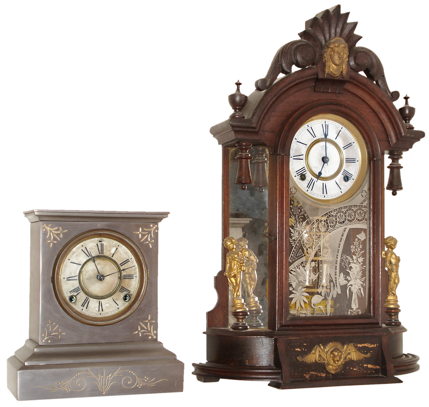 Clocks- 2 (Two) 8 days, time and strike, shelf clocks by the Ansonia Clock Co. of New York. The first clock is the "Triumph" model, c. 1880 and the second is likely the "Unique" model, c. 1904. — Antique Clocks Price Guide
