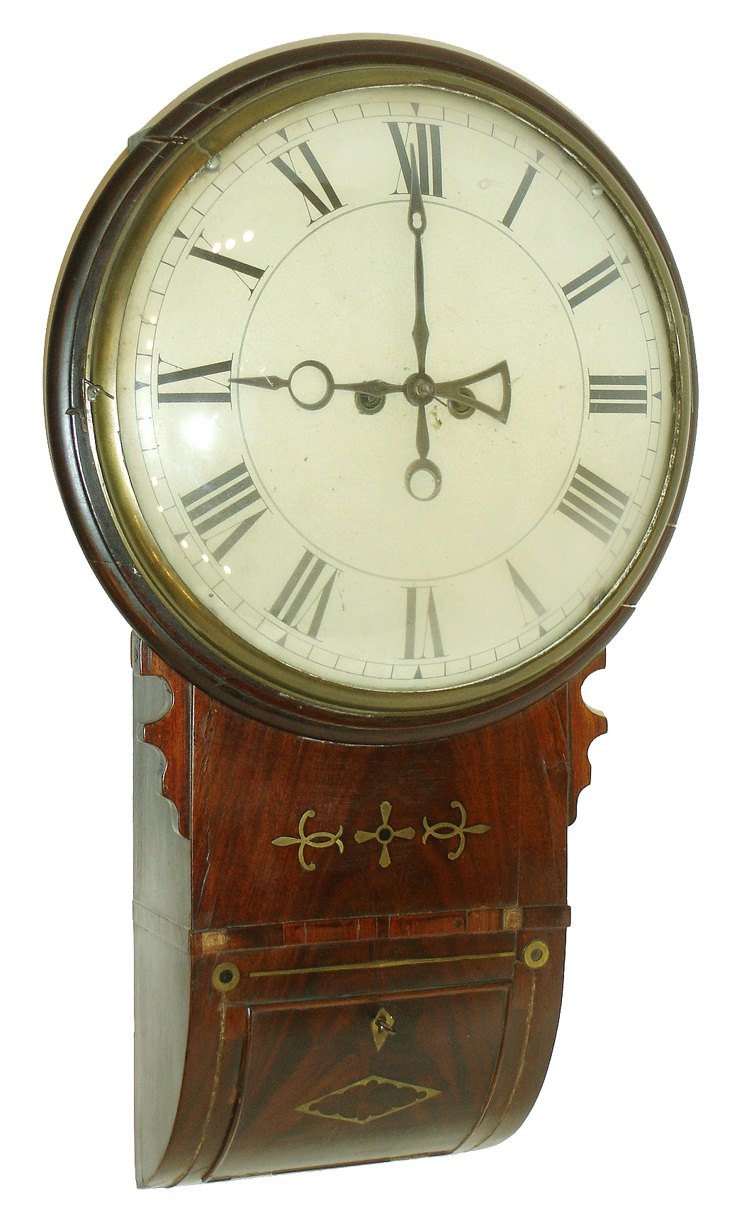 English, 8 days, time and strike, fusee brass movement mahogany with brass inlay wall or tavern clock, c1860 — Antique Clocks Price Guide