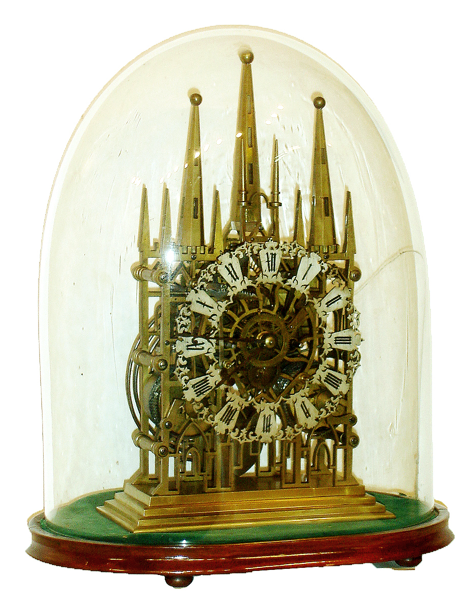 English double fusee, striking skeleton clock, in the form of Litchfield Cathedral, with a pierced &amp; silvered silvered dial, c1870 — Antique Clocks Price Guide