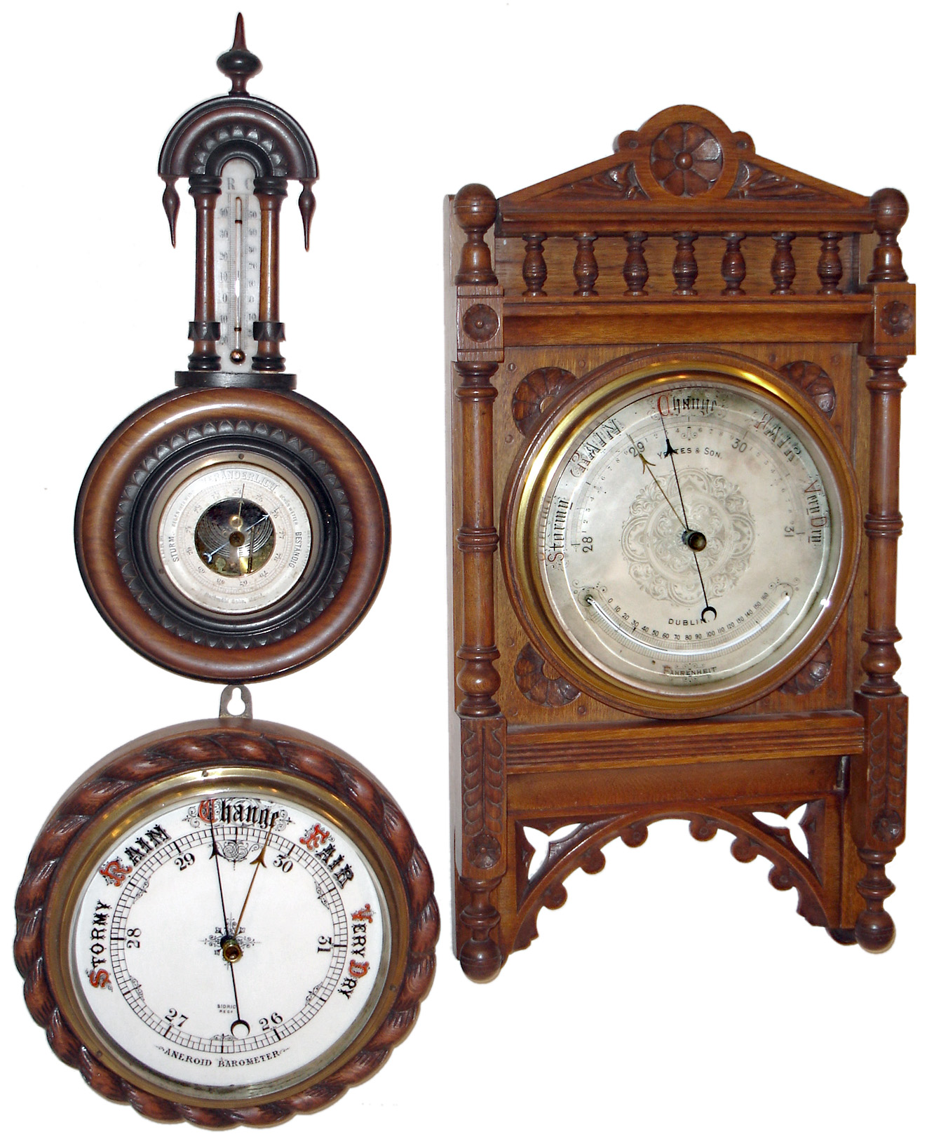 Barometers- 3 (Three) aneroid: Yeats &amp; Son, Dublin, oak with curved thermometer; Sidric, oak; and F. Rachmuhl Sohn, Basel, walnut with straight thermometer — Antique Clocks Price Guide