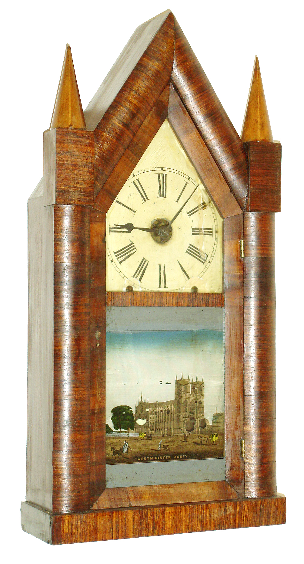 Chauncey Jerome, New Haven, Conn., oversize steeple or "Sharp Gothic" mantel clock, 8 days, time and strike, spring driven fusee movement in a mahogany veneer case with painted metal dial and silk screened tablet, c1847 — Antique Clocks Price Guide