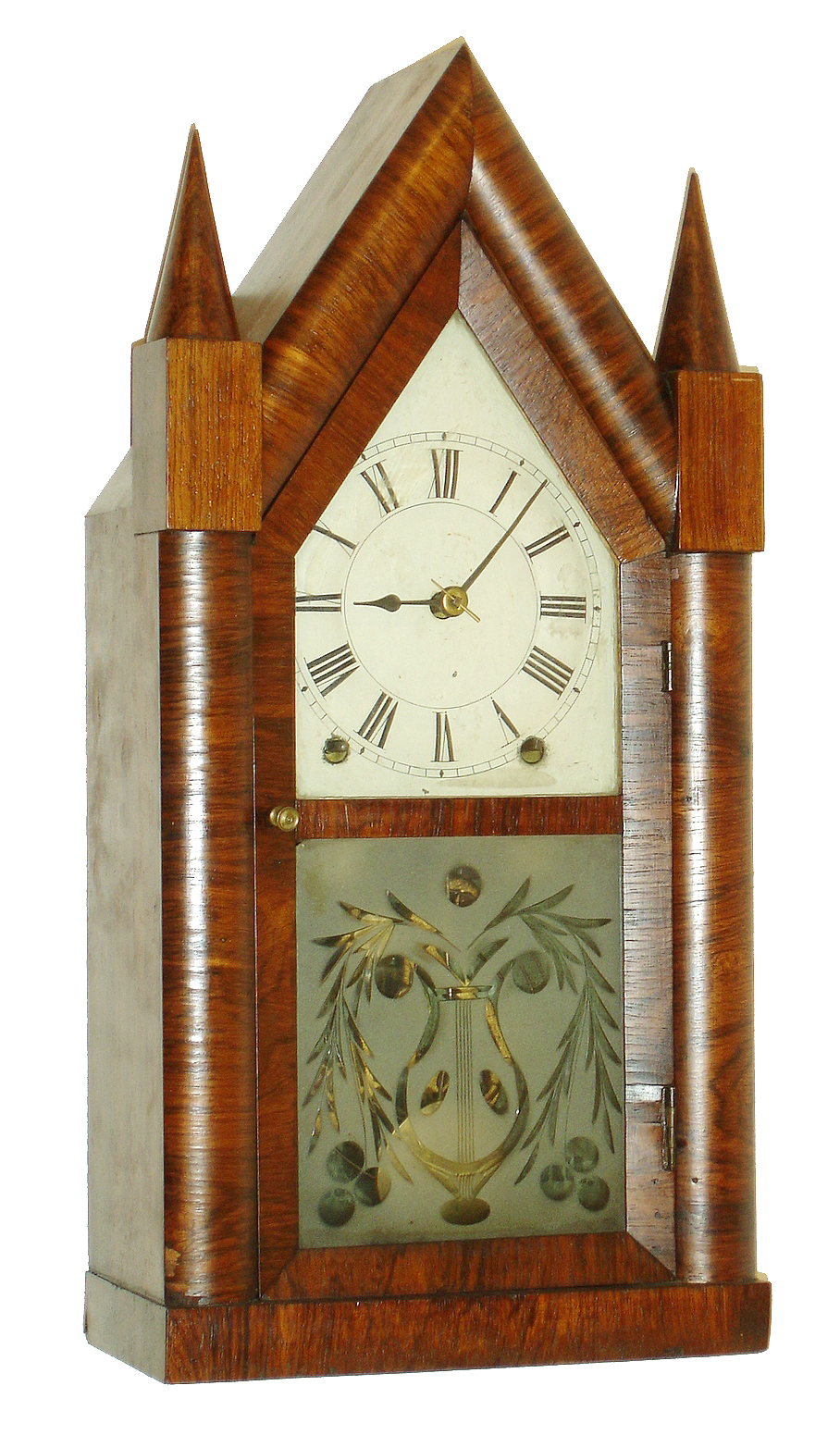 Brewster &amp; Ingrahams, Bristol, Conn., steeple or "Sharp Gothic" mantel clock, 8 days, time and strike, Kirk's Patent repeating brass movement with cast iron back plate in a mahogany veneer case, painted metal dial and etched lower glass, c1844 — Antique Clocks Price Guide