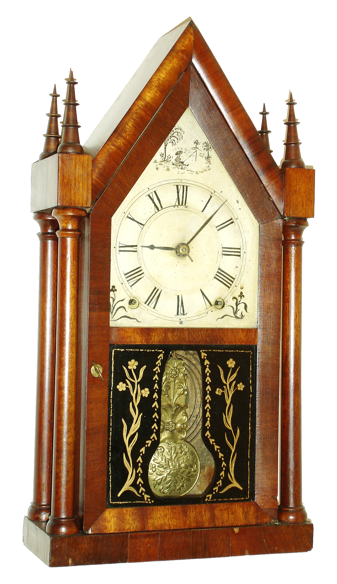 Terry &amp; Andrews, Bristol, Conn., four posted steeple or "Sharp Gothic" mantel clock, 8 days, time and strike, brass spring driven movement in a mahogany veneer case with painted metal dial and reverse painted tablet, c1850 — Antique Clocks Price Guide