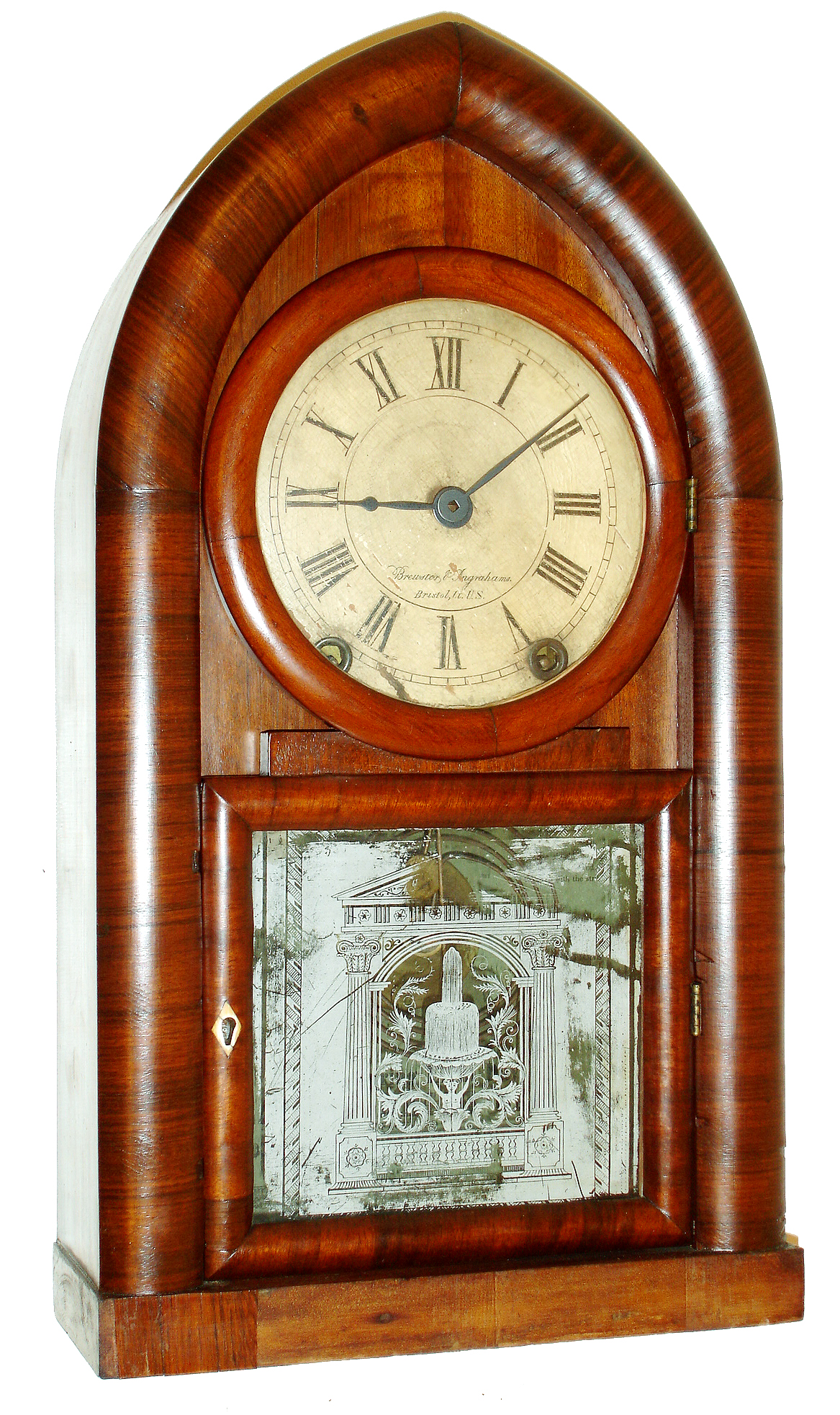 Brewster &amp; Ingrahams, Bristol, Conn., beehive or "Round Gothic" mantel clock, 8 days, time and strike, Kirk's Patent repeating brass movement with cast iron back plate in a mahogany veneer case with painted wooden dial and monochrome silk screened tablet, c1843 — Antique Clocks Price Guide