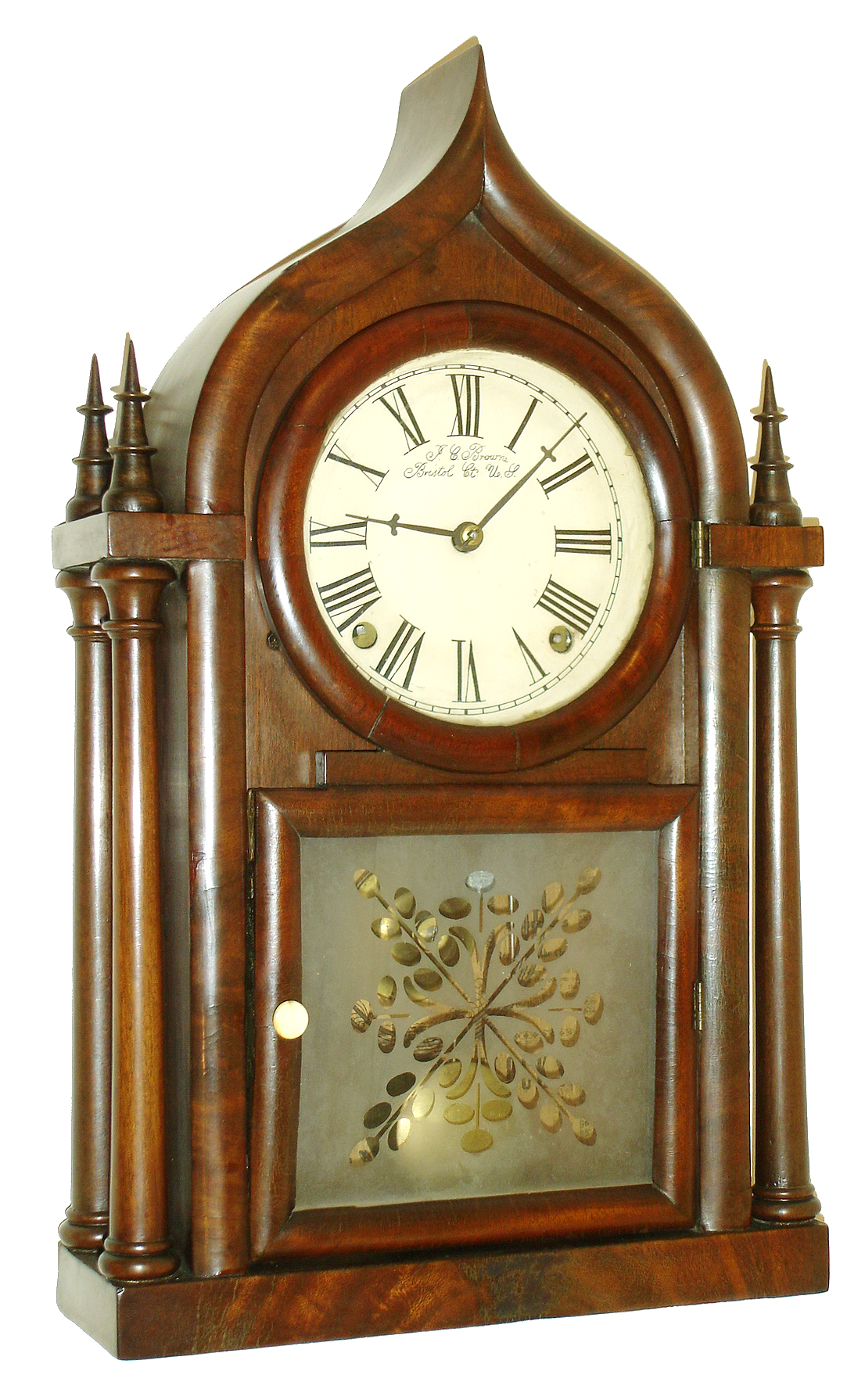 J.C. Brown, Bristol, Conn., four posted "Onion Top" mantel clock, 8 days, time and strike, brass spring driven movement in a mahogany veneer case with painted metal dial and frosted tablet, c1845 — Antique Clocks Price Guide