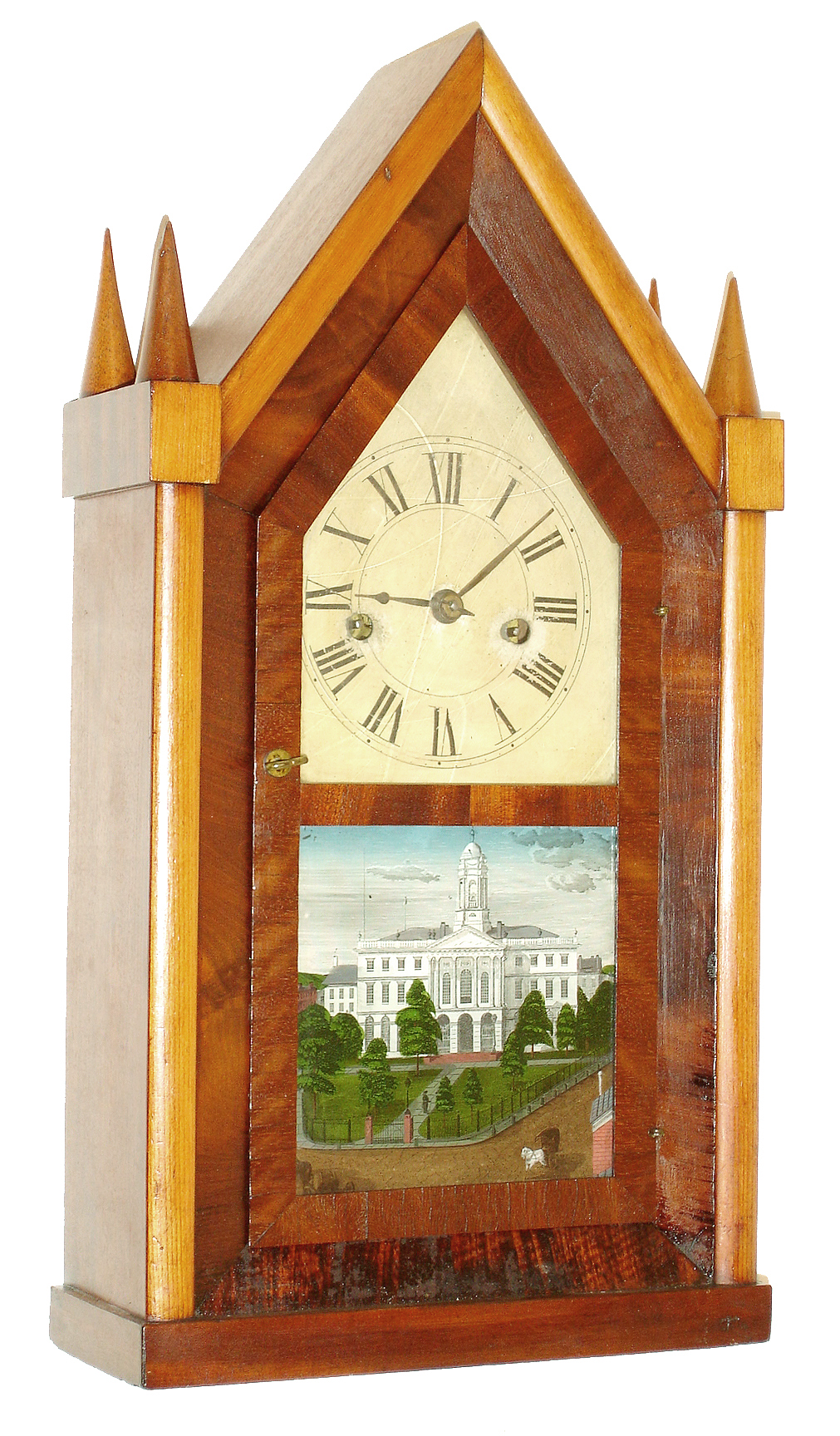 Sperry &amp; Shaw, New York, four spired steeple or "Sharp Gothic" mantel clock, 30 hours, time and strike, spring driven fusee movement in a mahogany veneer case with painted metal dial and silk screened tablet, c1848 — Antique Clocks Price Guide