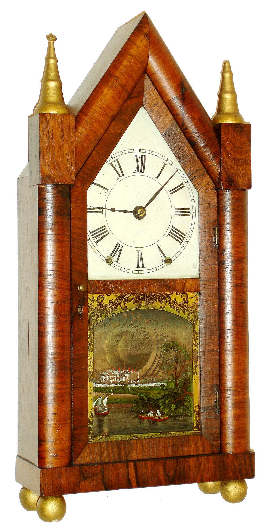 Brewster &amp; Ingrahams, Bristol, Conn., steeple or "Sharp Gothic" 3/4 size mantel clock, 30 hours, time and strike, Kirk's Patent spring driven brass movement with Kirk's Patent cast iron back plate in a mahogany veneer case with painted metal dial and silk screened tablet, c1845 — Antique Clocks Price Guide