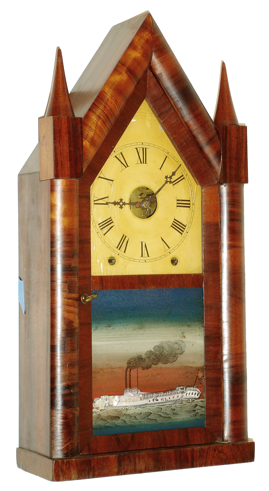 M.W. Atkins, Bristol, Conn., steeple or "Sharp Gothic" mantel clock, 8 days, time and strike, spring driven brass fusee movement in a mahogany veneer case with painted metal dial and silk screened tablet, c1848 — Antique Clocks Price Guide