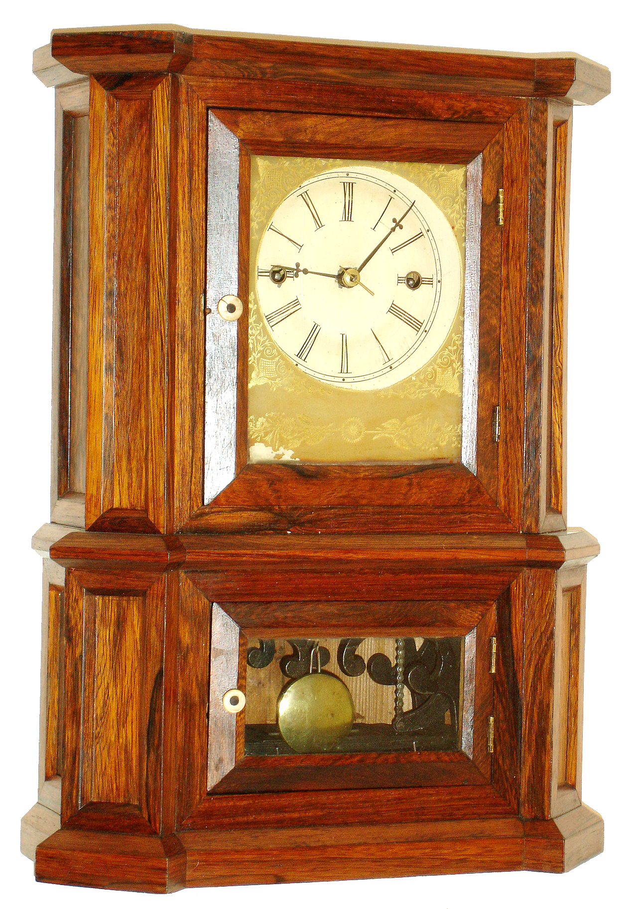 Atkins, Whiting &amp; Co., Bristol, Conn., "Parlor No. 1" mantel clock, 30 days, time only, wagon spring driven Type III movement in a rosewood veneer case with painted metal dial and reverse painted dial surround on glass, c1852 — Antique Clocks Price Guide