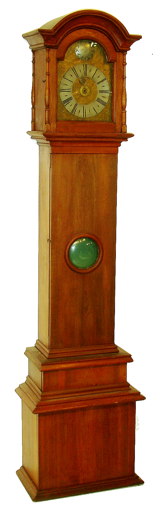 Scandinavian tall clock, 8 days, time and alarm, weight driven iron plate movement with verge escapement in a red wash pine and poplar case with 6" convex glass in trunk door and single hand steel dial with pewter chapter ring and boss, c1740 — Antique Clocks Price Guide