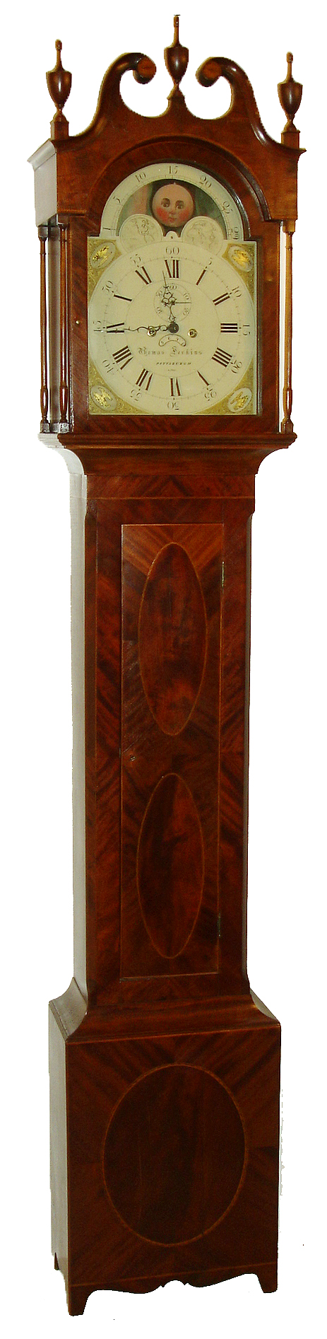 Thomas Perkins, Pittsburgh, Penn., tall clock "No. 31", 8 days, time, strike and calendar, weight driven movement in an inlaid and accented cherry case with mahogany and boxwood veneer, broken arch top with inlaid rosettes, delicate full columns on hood and Hepplewhite bracket base. The painted iron dial has moon phase, calendar aperture below center arbor, painted spandrels, and hand cut iron hands, c1810 — Antique Clocks Price Guide