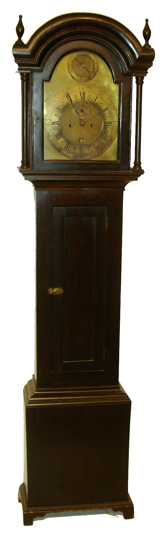 Tall clock, 8 days, time, calendar and strike, weight driven English movement with a brass dial, c1760 in an American pine case, c1810 — Antique Clocks Price Guide