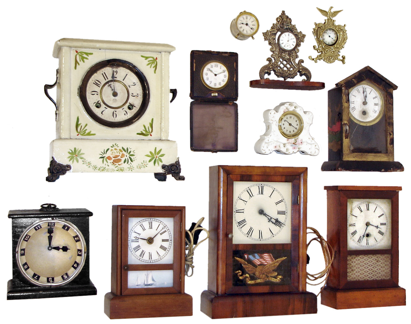 Clocks- 9 (Nine) and Watches in holders- 2 (Two): Optical illusion alarm clock in wood cube case; 30 hours, time only cottage clock; plug-in Spartus electric time only cottage clock; New Haven cottage clock converted to plug-in electric; New Haven 8 days, time and strike, painted wood mantel clock; German 30 hours, time only porcelain novelty clock; Ansonia small time only painted wood pointed top cottage clock with round movement; Tiffany 8 days, travel clock in leather case with Waltham 7 jewel movement; two cast metal watch holders with Swiss pocket watches — Antique Clocks Price Guide