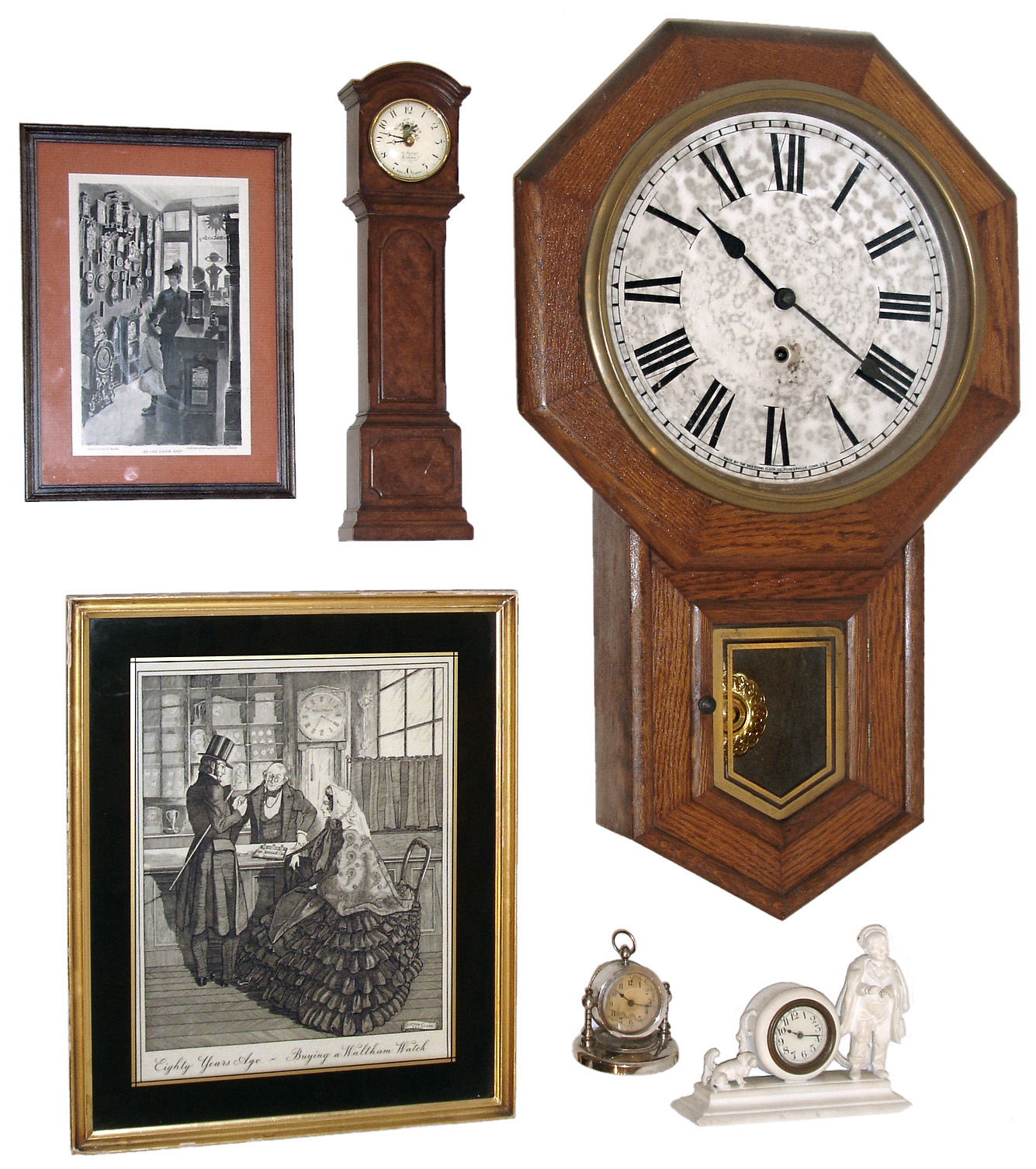 Mixed Lot of 6 (Six) Items: Sessions "Clinton" oak time only 8 days, school clock; English miniature grandfather clock with quartz works, dated 1991; white painted iron small figural 30 hours, novelty clock; German chrome plated swiveling 30 hours, desk desk clock; framed engraved print of clock shop by Merrill; and framed lithograph of "Buying a Waltham Watch". — Antique Clocks Price Guide