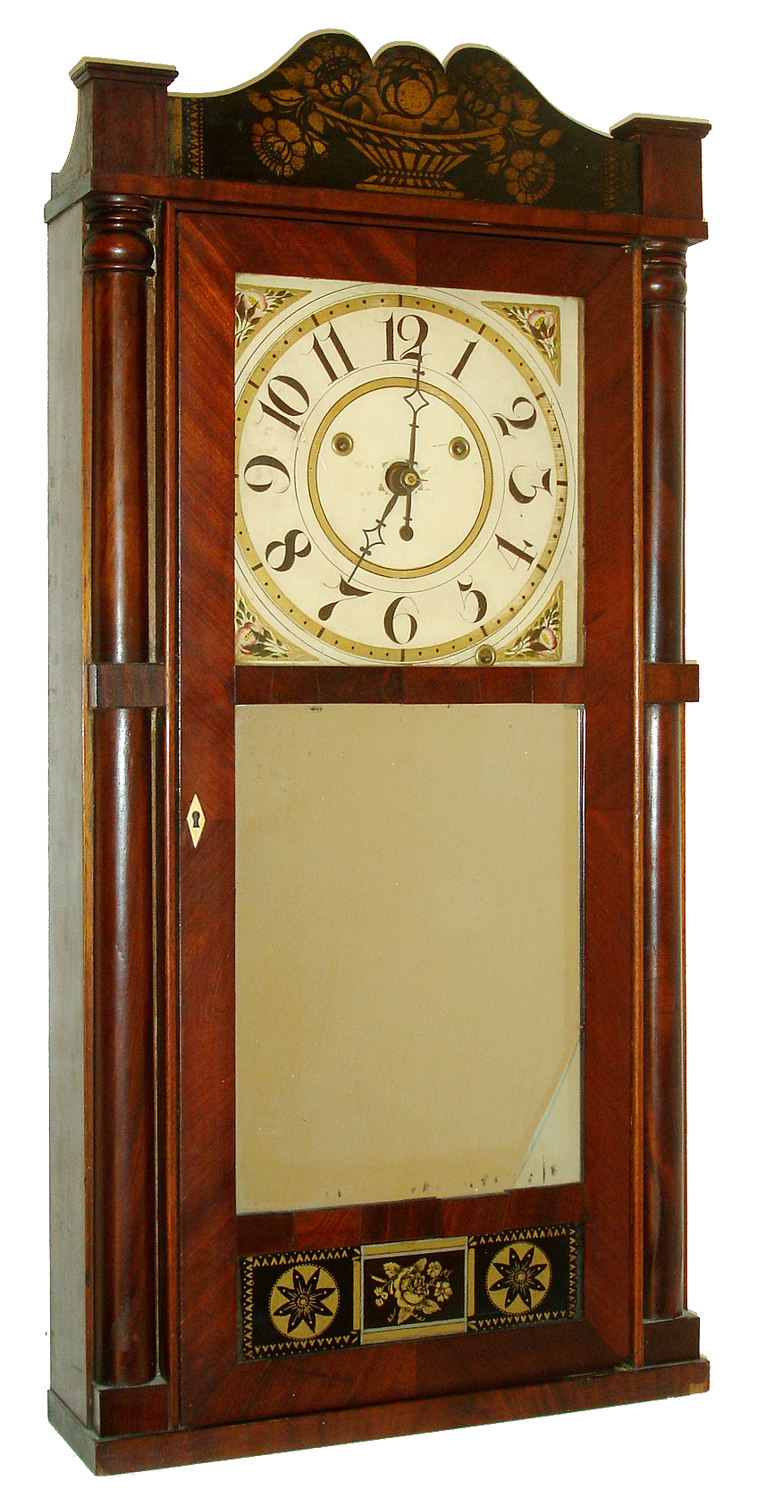 Silas Hoadley, Plymouth, Conn., 30 hours, time/strike/alarm weight driven wood movement half column &amp; stenciled splat "Franklin" shelf clock, c1830. — Antique Clocks Price Guide