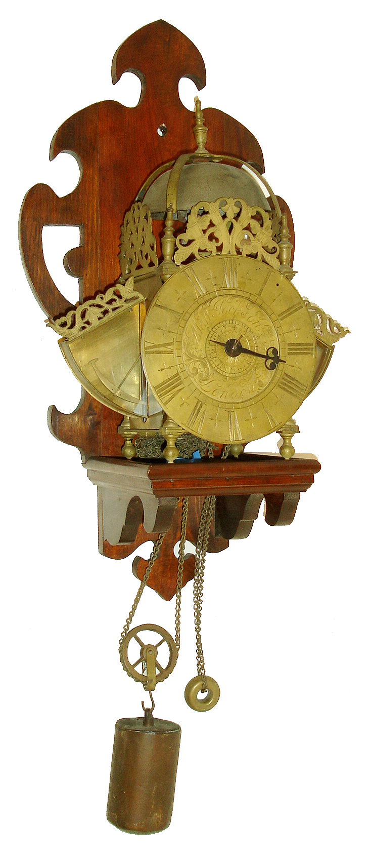 Matthew Jackson, London, winged lantern clock, brass case with turned, pierced, and engraved ornament, 30 hours, time and strike, movement, single cut steel hand, brass clad weight, c1720, with 20th century wooden wall bracket — Antique Clocks Price Guide