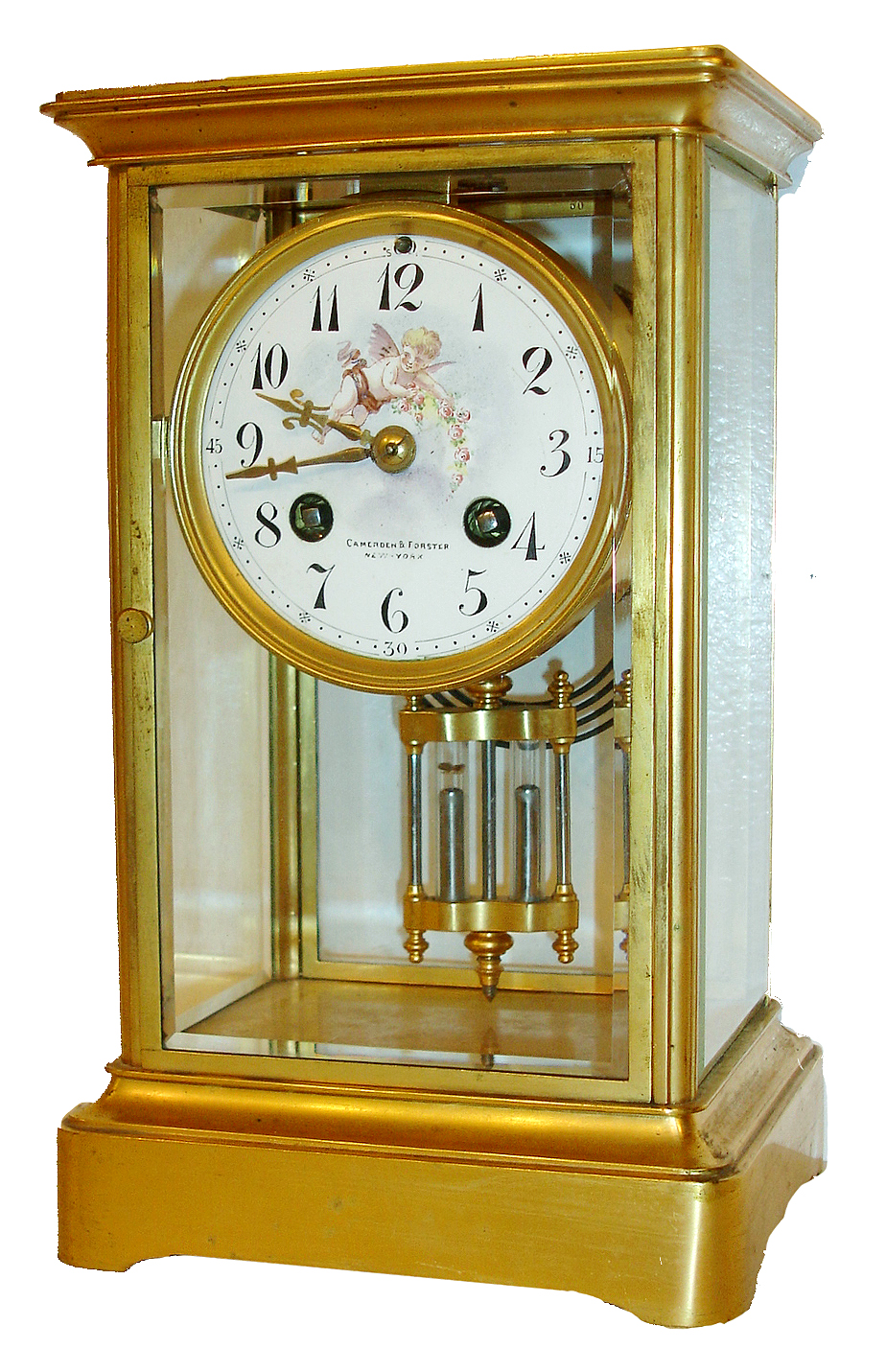 French crystal regulator for Camerden &amp; Forster, New York, gilt brass case with beveled glasses, Roman numeral white enamel dial, decorated with a cherub bearing a garland of flowers, gilt hands, faux mercury pendulum, 8 days, time and strike, Pendule a Paris movement marked S. Marti, c1900 — Antique Clocks Price Guide