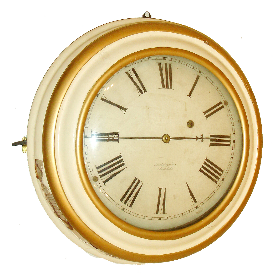 E. &amp; A. Ingrahams, Bristol, Ct., galley timepiece, turned white painted case with gilt trim and convex glass, Roman numeral white painted convex wooden dial, blued steel hands, 8 days, time only east west movement, c1855 — Antique Clocks Price Guide