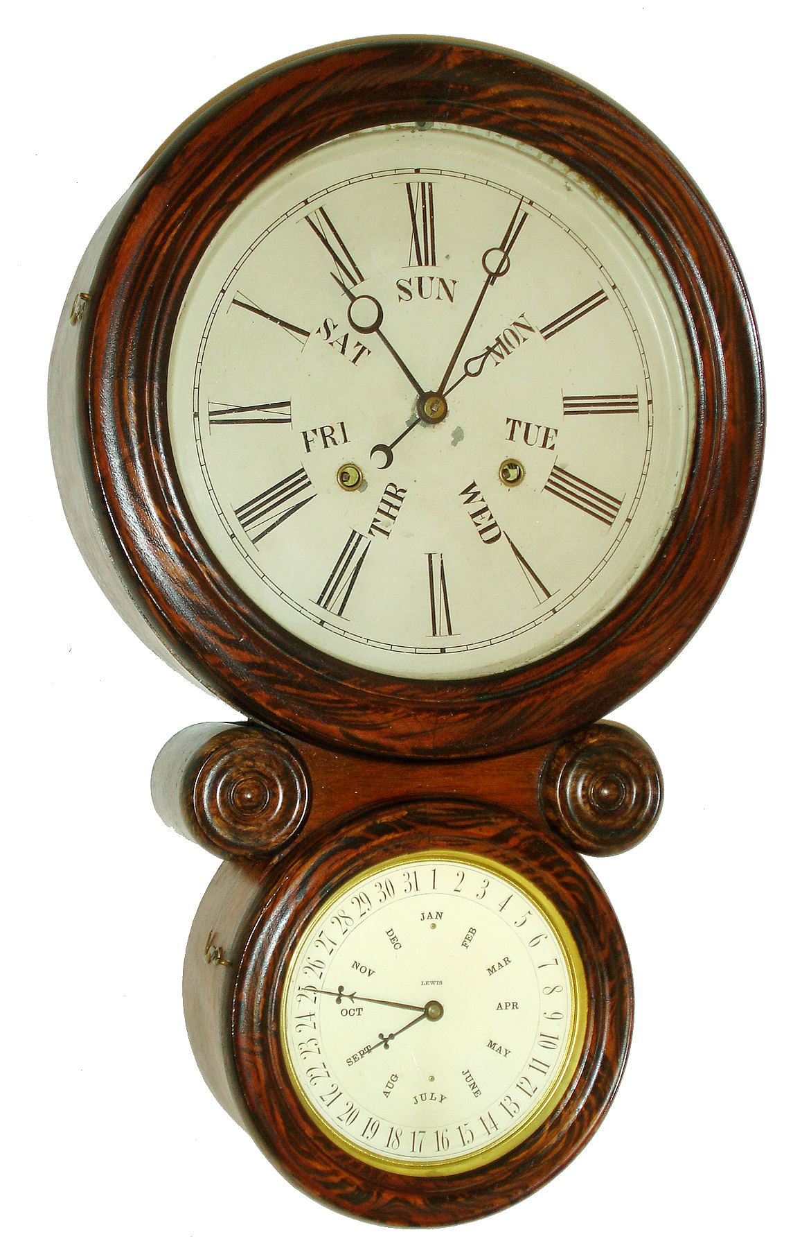 L. F. and W. W. Carter, Bristol, Conn., 8 days, time and strike, double dial B. B. Lewis calendar wall clock, c1865. — Antique Clocks Price Guide