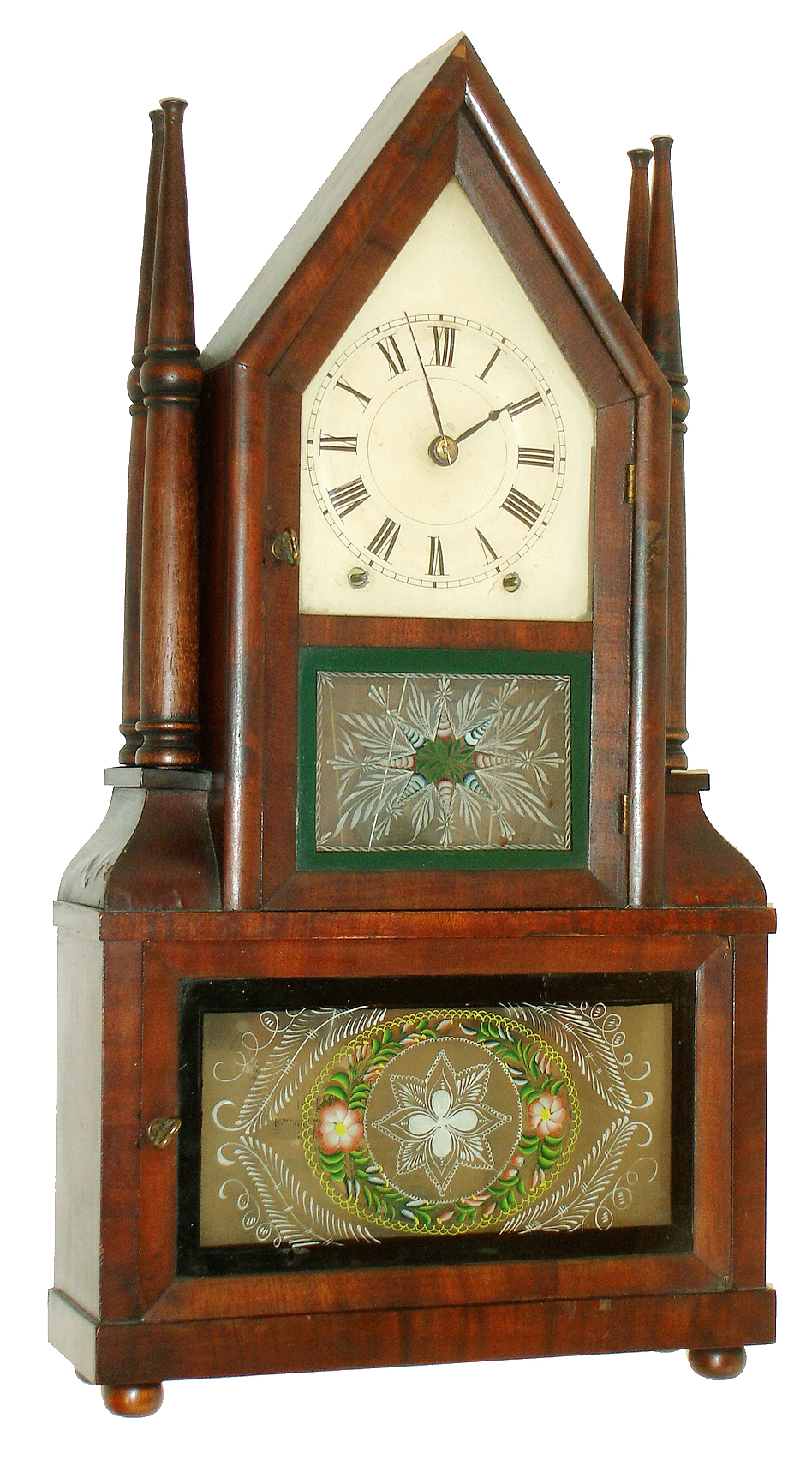 Birge and Fuller, Bristol, Conn.8 days, fusee time and strike, movement steeple on frame with candle finials shelf clock, c.1846. — Antique Clocks Price Guide