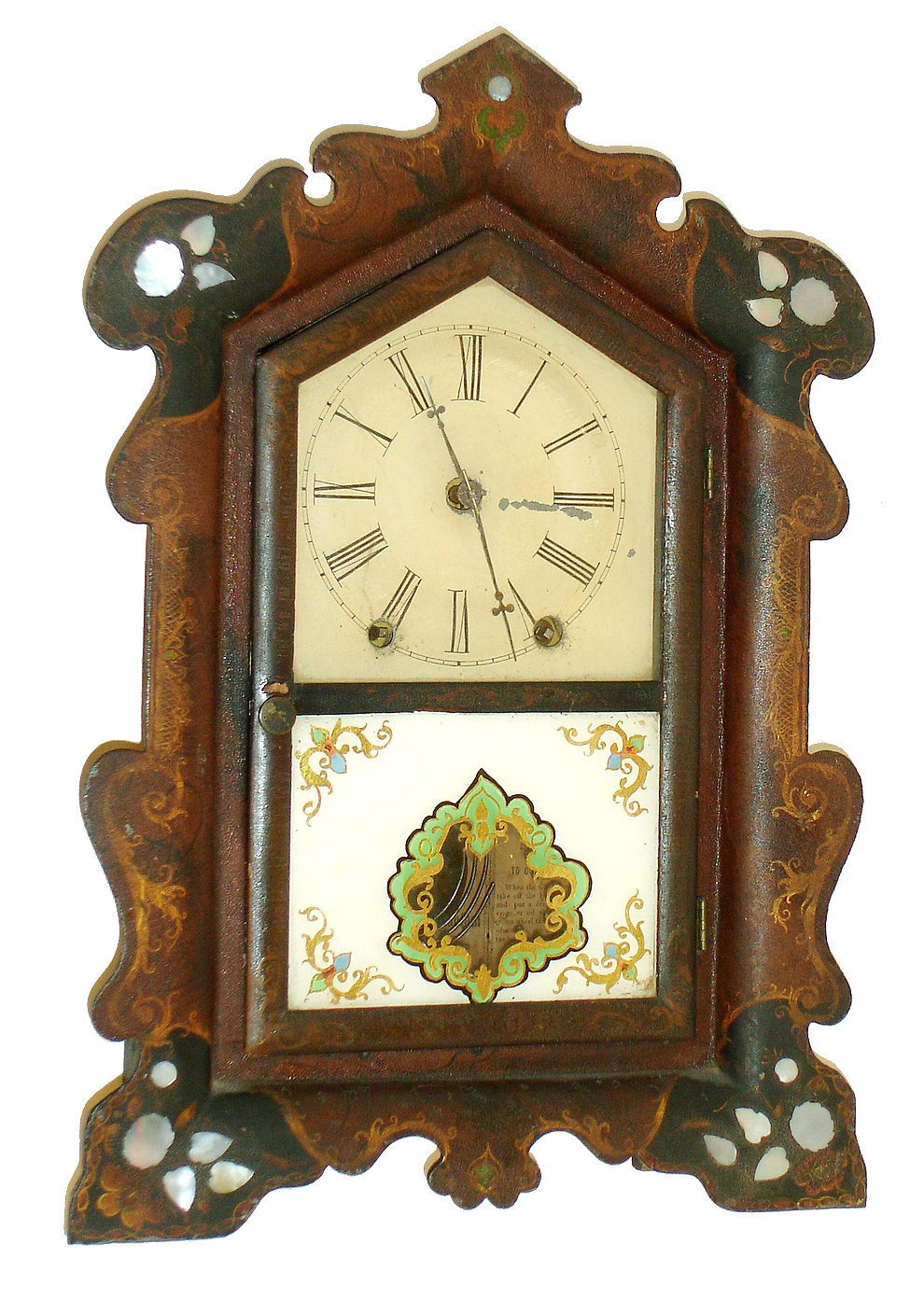 Litchfield Mfg. Co., Litchfield, Conn.8 days, time and strike, movement iron front shelf clock with MOP, c1854 — Antique Clocks Price Guide