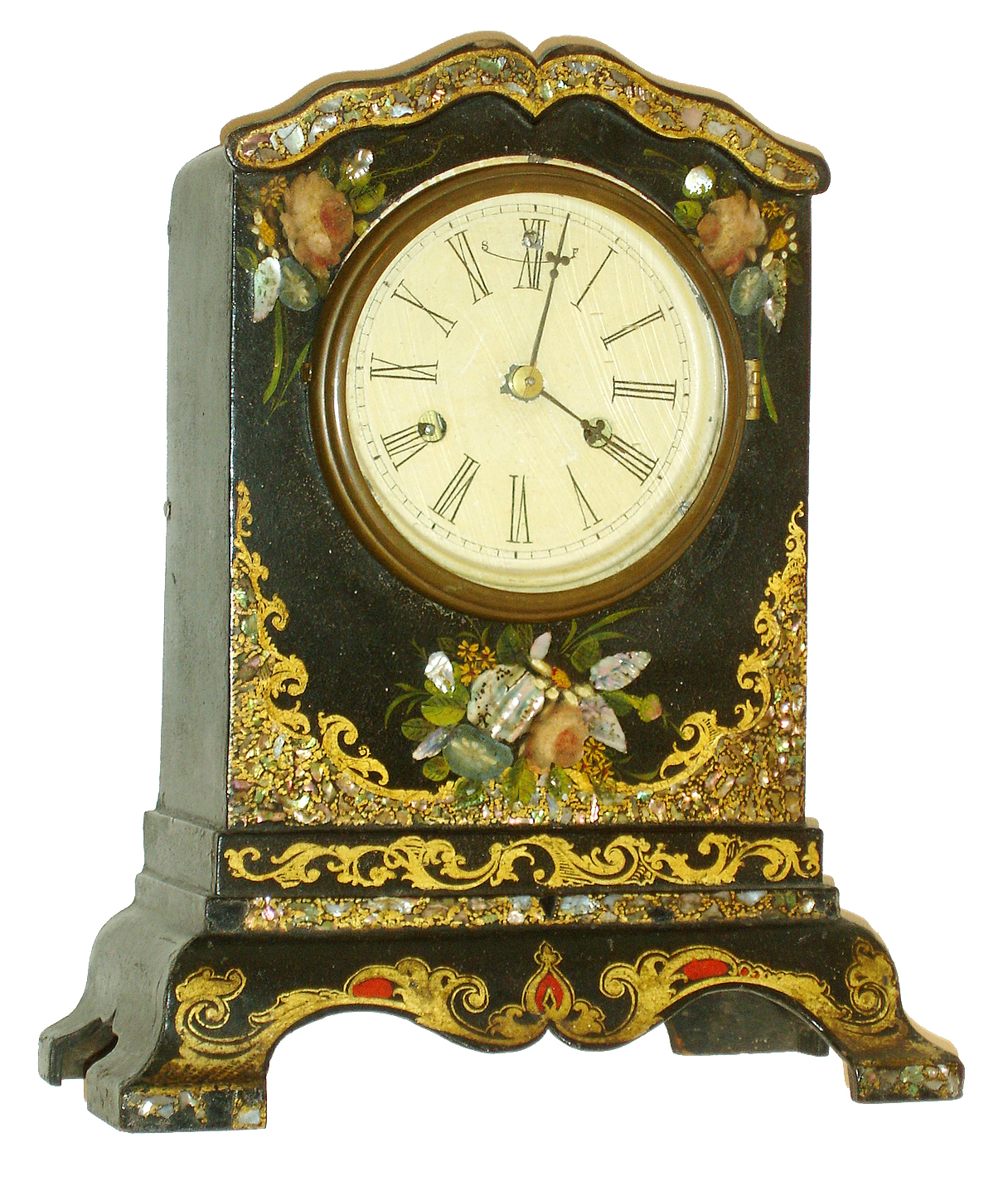Litchfield Mfg. Co., Litchfield, Conn., 8 days, time and strike, lever movement paper mache with MOP shelf clock, c1850. — Antique Clocks Price Guide