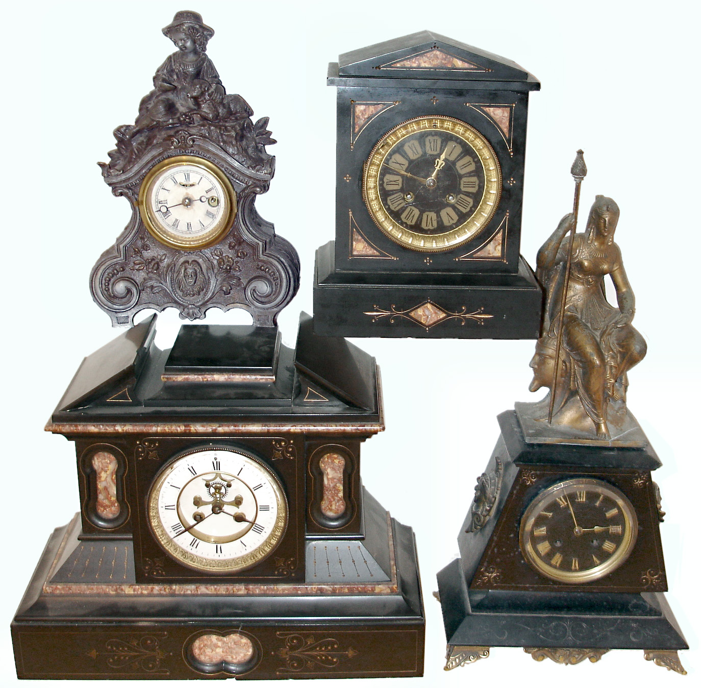 Clocks- 9 (Nine) mantel clocks: German Becker tambour 8 days, dual chime on quarter hours; French black marble 8 days, time and strike, with black dial; French black marble with Egyptian top figural 8 days, time and strike; Seth Thomas time and strike, tambour; Sessions time and strike, tambour; American time only 30 hours, white porcelain novelty; Connecticut cast metal figural 30 hours, time only balance movement; German round top bracket 8 days, Westminster chime; and French black marble 8 days, Marti time and strike, with visible escapement; late 19th and early 20th centuries — Antique Clocks Price Guide