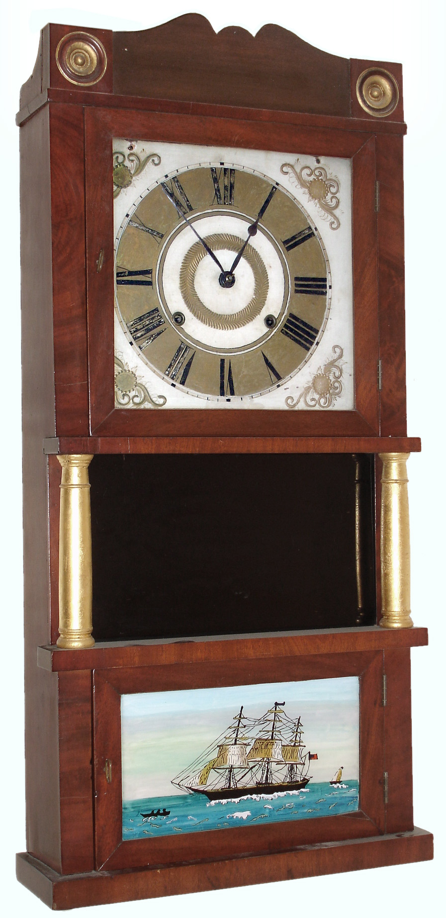 Clocks- 5 (Five) Connecticut wooden case time and strike, shelf clocks: Jeromes &amp; Darrow 30 hours, wooden-works stenciled column &amp; splat; Bristol, Conn. 8 days, triple-decker; Ansonia 8 days, kitchen clock; Ingraham 30 hours, Doric; Seth Thomas 30 hours, column; and an Elisha Hotchkiss case-only stenciled column and cornice (no works); mid 19th century — Antique Clocks Price Guide