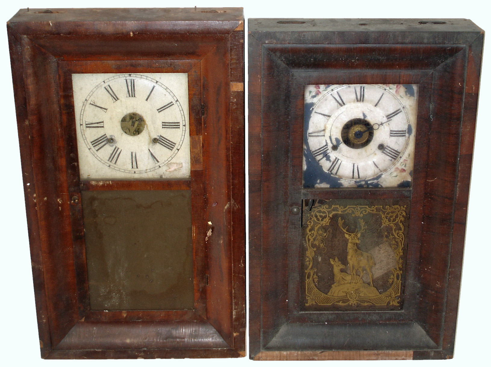 Clocks and old clock parts: Hills &amp; Goodrich oversize 8 days, OG with interior gilt columns; Brewster &amp; Ingrahams gilt wood gallery 8 days, timepiece with brass mainspring; German cuckoo &amp; quail; Hammond plug-in tambour; Ansonia cast brass picture frame clock 8 days, timepiece; Seth Thomas 30 hours, OG with alarm; Chauncey Jerome (Austin, ILL.) 30 hours, OG; and box of clock dials including new/old stock — Antique Clocks Price Guide