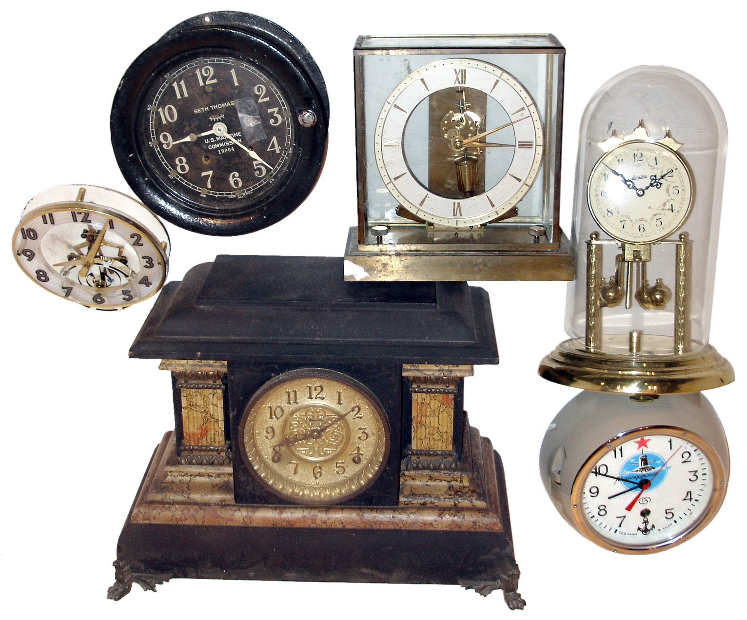 Mixed Lot: French repeating carriage clock; Russian submarine clock, Seth Thomas black phenolic marine clock; Kundo electronic; London 400-day; Ingraham black mantel; Elgin and Russian black aircraft clocks; 6 Waltham 37-size 8 days, clocks including travel and dashboard; 3 Elgin car and aircraft clocks; 3 round barometers including 2 Friez U.S. Navy in wooden boxes and French for Fritz &amp; Hawley: Inverto Deluxe staking set in fitted wood box; etc. — Antique Clocks Price Guide