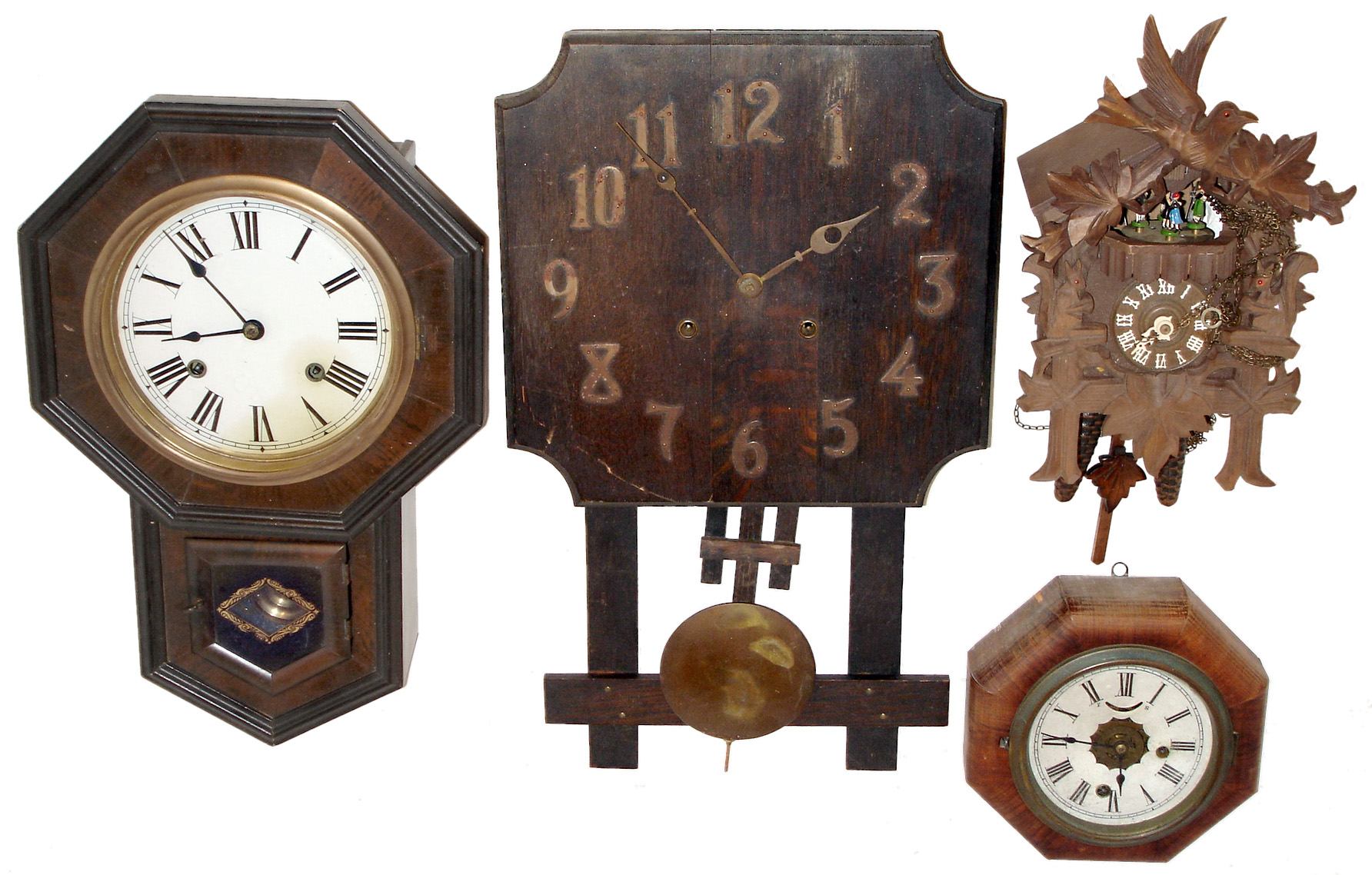 Clocks- 6 (Six) wood case wall clocks: Ethan Allen 8 days, modern chiming; Japanese time and strike, school; Ansonia 30 hours, time and alarm marine; Ingraham 8 days, time and strike, banjo; National Clock Co., Chicago, 8 days, time and strike, oak Mission; and 3 weight 30 hours, German cuckoo; — Antique Clocks Price Guide