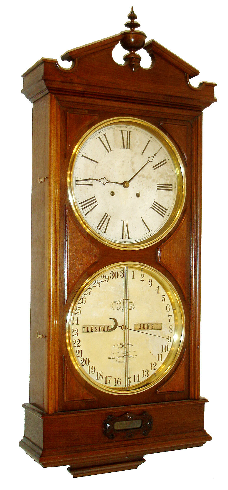 Ithaca Calendar Clock Co., Ithaca, N.Y., "No. 2 Regulator" wall clock, 8 days, time and perpetual calendar, two weight driven movement in a walnut case with papered metal dials, c1874 — Antique Clocks Price Guide