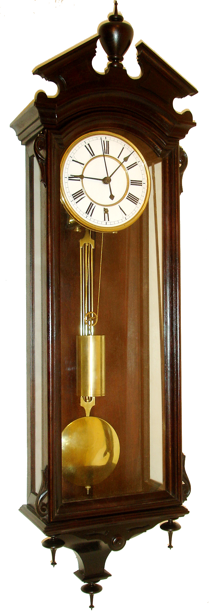 George A. Jones, New York, N.Y., regulator wall clock, 8 days, time only, brass weight driven movement with pinwheel escapement and center sweep seconds in a walnut case with two part enamel dial, serial #215 stamped on movement, c1880 — Antique Clocks Price Guide