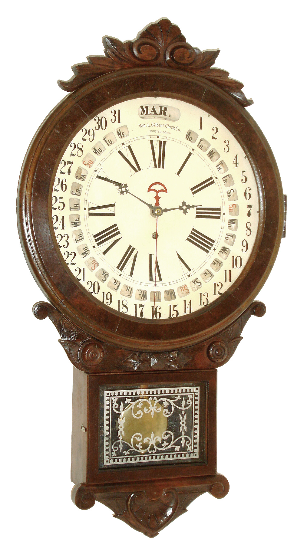 William L. Gilbert Clock Co., Winsted, Conn., "Office Drop Calendar" with 8 days, timepiece movement and Gilbert's patent calendar, c1895. — Antique Clocks Price Guide