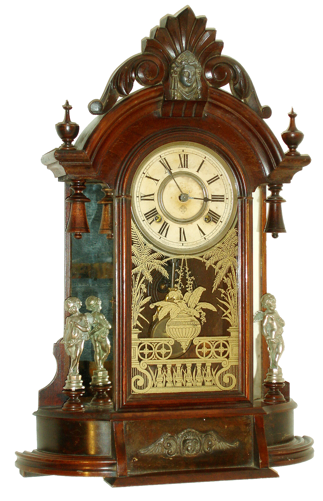 Ansonia Clock Co., Ansonia, Conn., "Triumph", 8 days, time &amp; strike walnut mantel clock, c1880 — Antique Clocks Price Guide