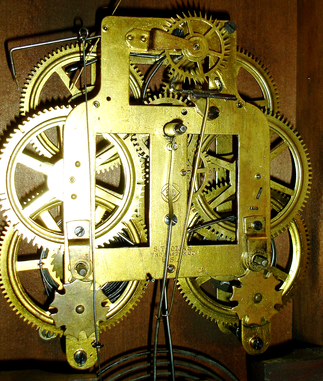 Seth Thomas Clock Co., Thomaston, Conn., "Office No. 1", 8 days, time &amp; strike mahogany veneer wall clock. This clock was originally exported to England as evidenced by the name and place painted on the dial, c1874 — Antique Clocks Price Guide