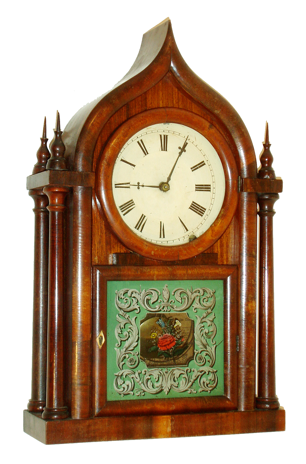 Brewster &amp; Ingrahams, Bristol, Conn., 8 days, time &amp; strike 4-column round or onion top shelf clock, c1852 — Antique Clocks Price Guide