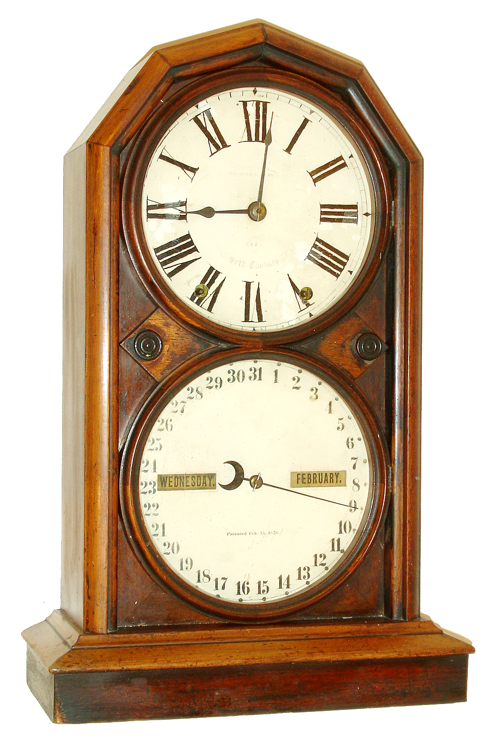 Seth Thomas Clock Co., Thomaston, Conn., "Parlor Calendar No. 5", 8 days, time &amp; strike double dial calendar clock, c1886 — Antique Clocks Price Guide