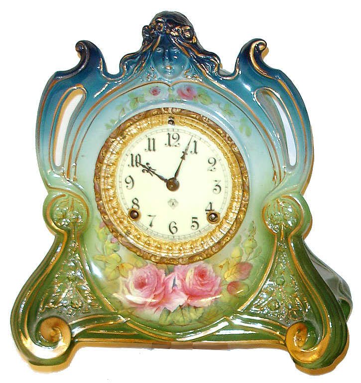 Ansonia Clock Co., New York, N.Y., "La Chapelle" Royal Bonn porcelain mantel clock, 8 days, time and strike, spring driven movement in a porcelain case, c1890 — Antique Clocks Price Guide