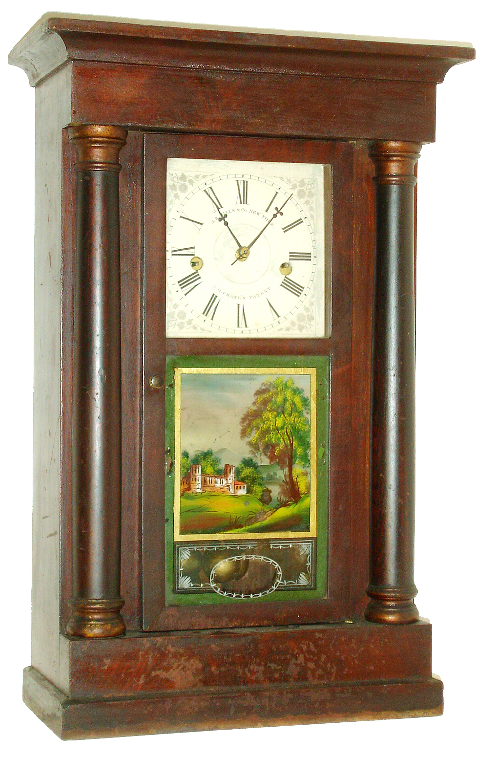 J. R. Mills &amp; Co., New York, Three-ball month running Crane's Patent rotary pendulum mantel clock.  The month duration model is the rarest of the Crane clocks, c1845 — Antique Clocks Price Guide