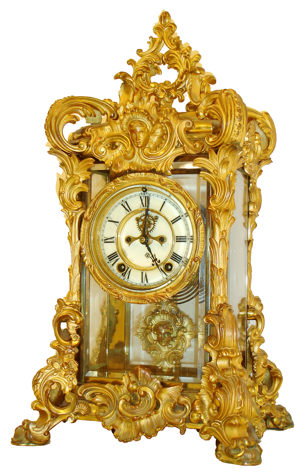 Ansonia Clock Co., Ansonia, Conn., "Regal", 8 days, time and strike, brass movement crystal regulator mantel clock, c1905  This clock listed from the factory a $96.00. — Antique Clocks Price Guide